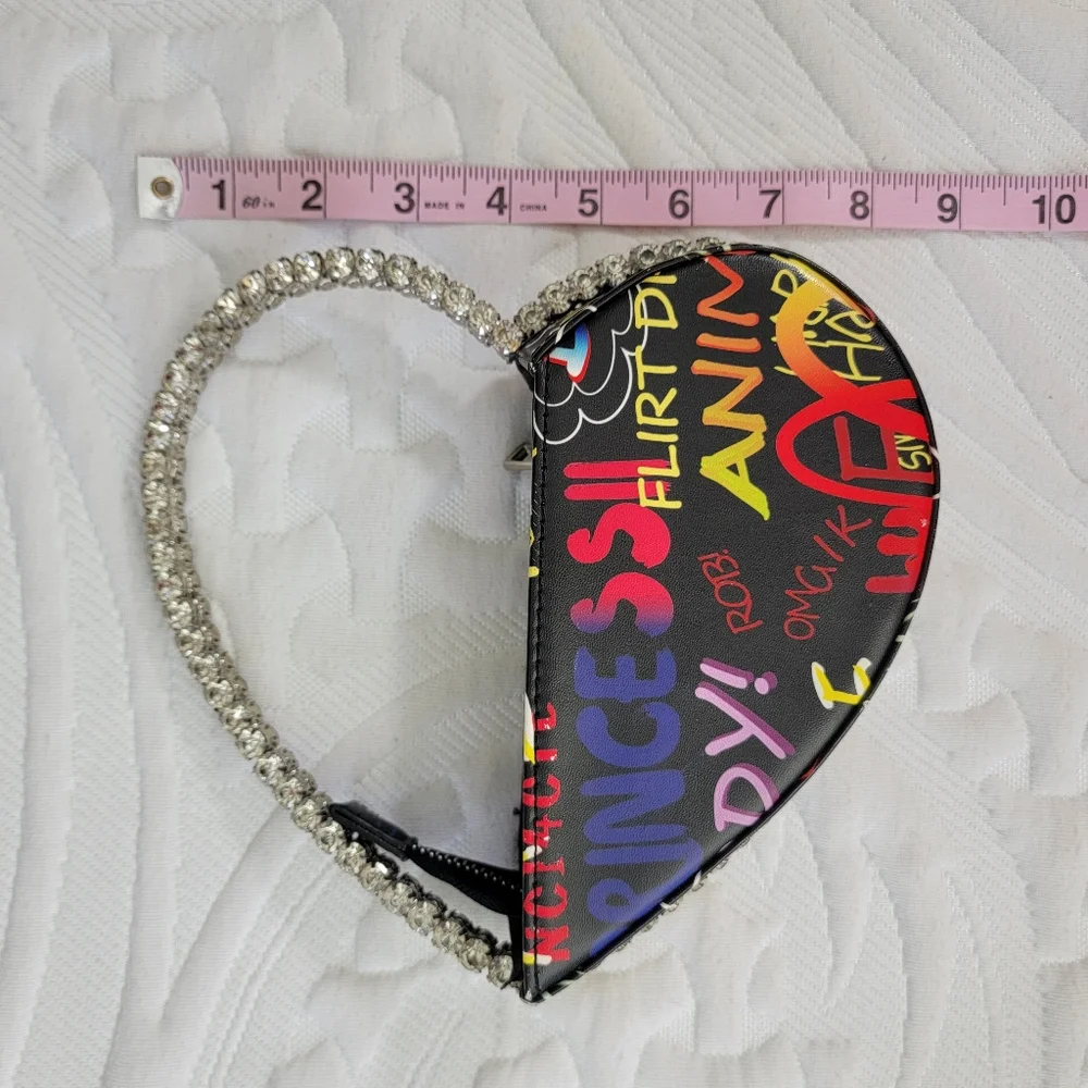 AKIRA Black Graffiti Heart Shaped Mini Bag Rhinestone Handle Bling Going Out - Picture 12 of 13